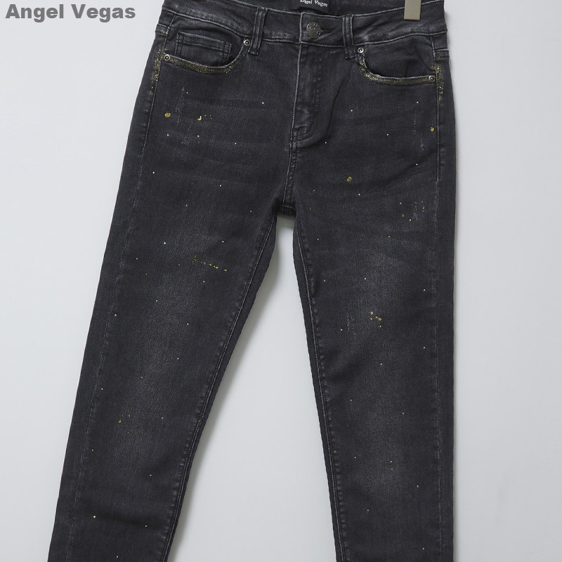 欧货2022年春季深色显瘦牛仔裤女angelvegas烫钻擦金粉铅笔小脚裤