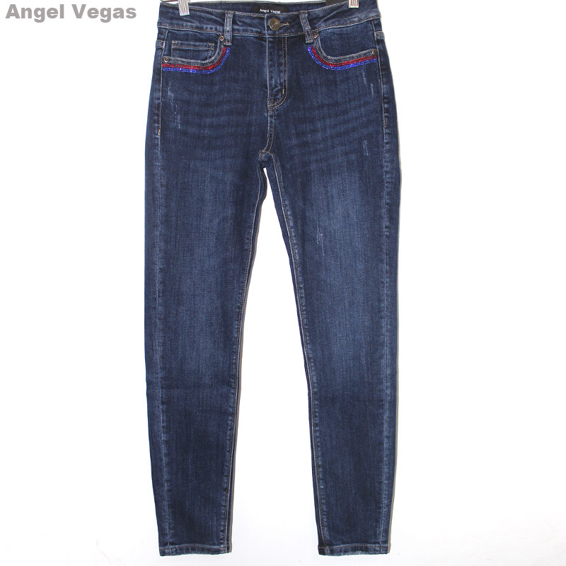 欧货高端显瘦大长腿中腰深色牛仔裤女angelvegas烫钻包臀铅笔裤