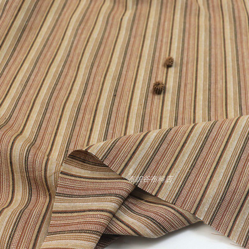 日单复古怀旧咖色织条纹棉麻布料森系民族风服装窗帘桌布手工面料