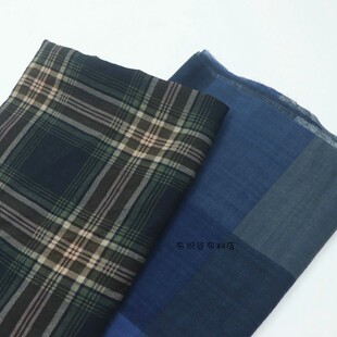 日单深浅蓝咖米黑交织格子薄棉麻布料小众森系连衣裙衬衫服装面料
