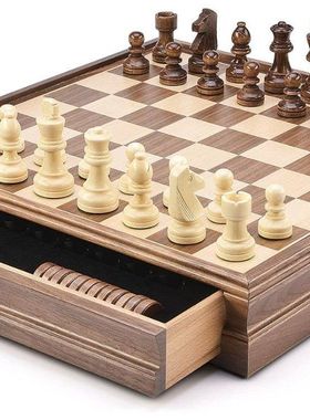 胡桃木实木国际象棋跳棋套装抽屉款/高档实木棋盒/WOODEN CHE跨境