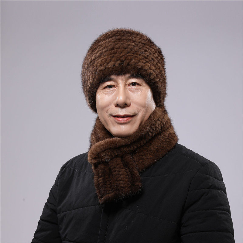水貂男帽爸爸加厚密编套装老人水貂帽子皮草围巾裘皮男款围巾貂皮