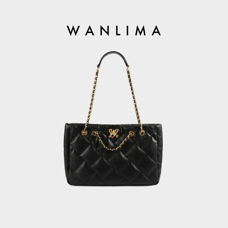 万里马油蜡牛皮菱格链条托特包包女大容量真皮子母单肩包简约轻奢