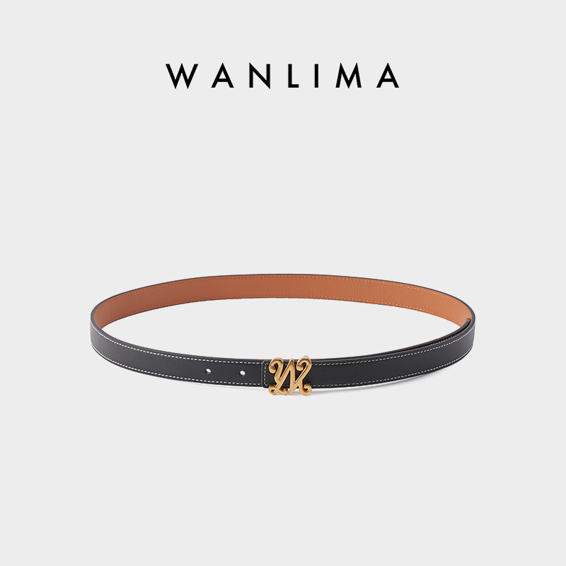 万里马y2k风女士皮带头层牛皮细腰带板扣配牛仔裤搭法式连衣裙