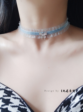 Alice蝴蝶创意款约会软妹灰蓝色气质灰冷颈带时尚锁骨链chocker