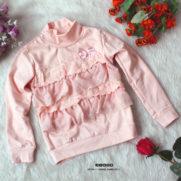 好品质风浅粉色荷叶边长袖t恤