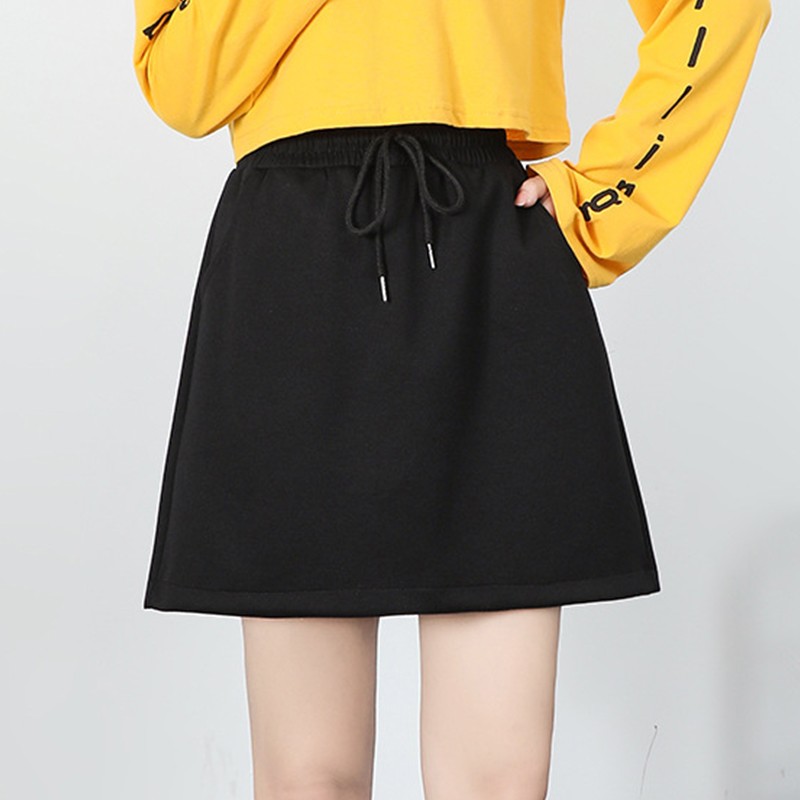 秋冬新款大码A字短裙女抽绳松紧高腰显瘦休闲运动口袋半身裙黑灰