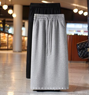 灰色半身裙女大码 卫裙 新高腰显瘦包臀裙黑色休闲百搭松紧腰中长款