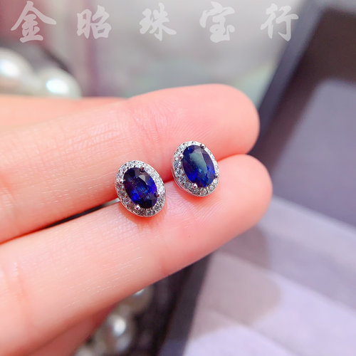 天然蓝宝石耳钉女S925银镶嵌椭圆