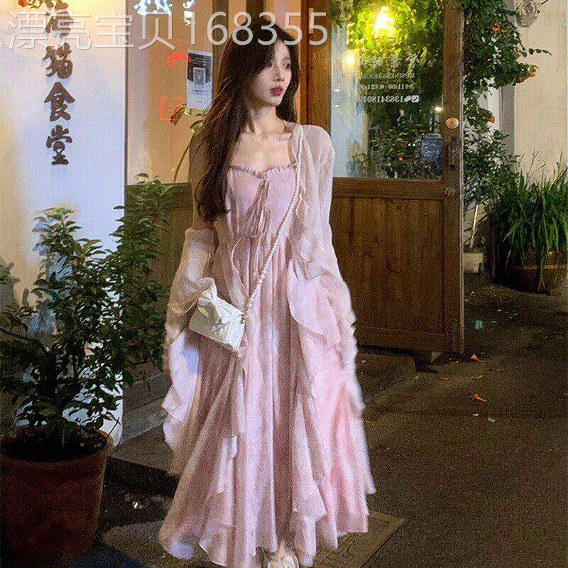 小香风时尚吊带连衣裙套装女春夏新款法式甜美气质粉色开衫仙女裙