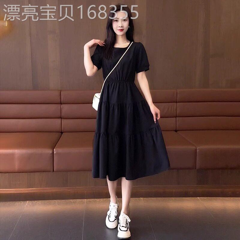 短袖连衣裙女夏季中长款2025年新款收腰显瘦时尚高腰宽松休闲裙子