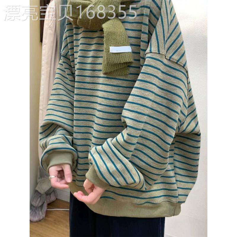 绿色条纹无帽卫衣女士春秋欧货设计感时尚休闲百搭宽松慵懒风绒衫