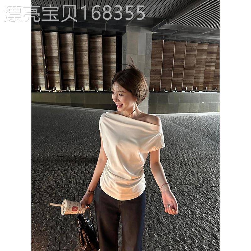 褶皱一字领露肩短袖T恤女夏季欧货温柔风修身小众设计感小众上衣