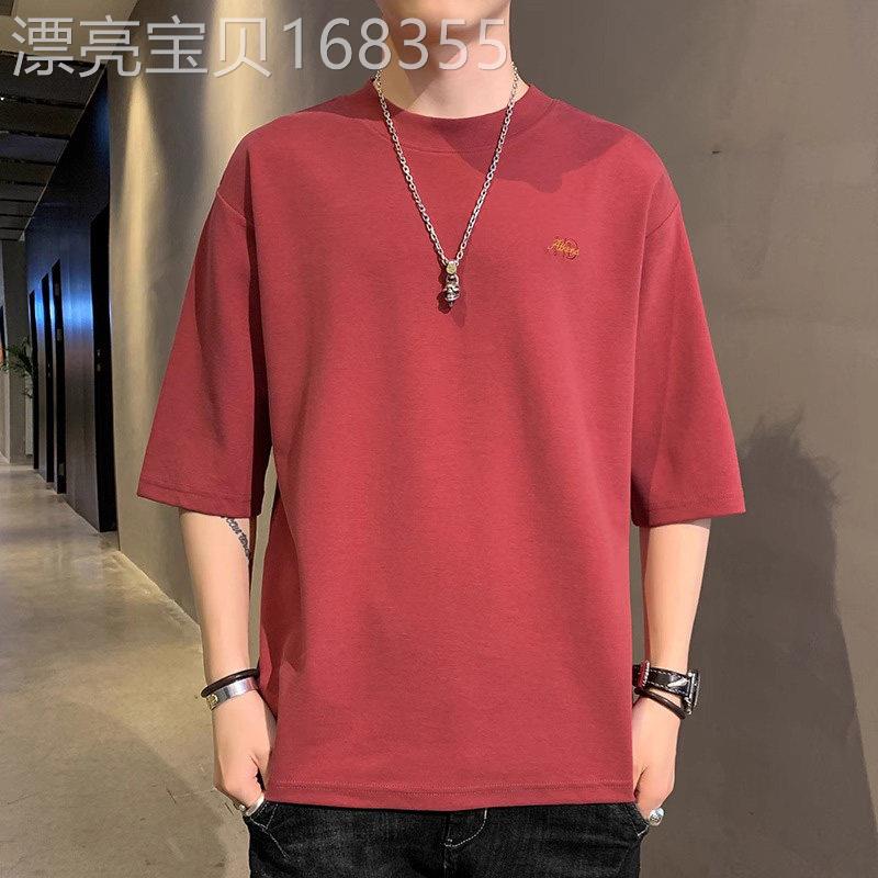 男士短袖t恤潮牌夏季圆领宽松绣花半袖衣服新款百搭痞帅七分袖潮