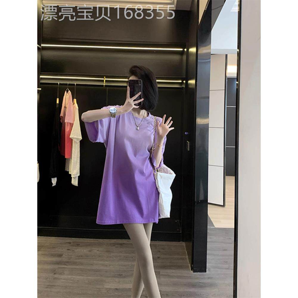 潮牌紫色短袖t恤女2026夏季渐变欧货大版洋气小众中长款简约上衣