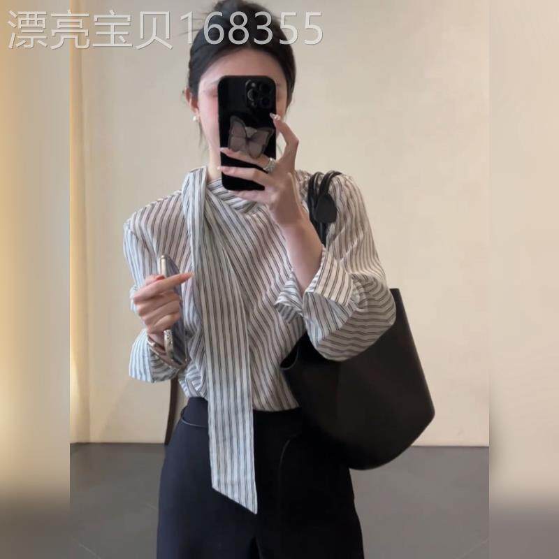 韩系时尚简约条纹系带领衬衫女2025春季新款洋气减龄百搭休闲上衣
