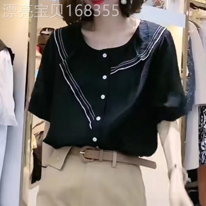 黑色雪纺衬衫女夏季短袖2026新款宽松设计感小众荷叶边气质上衣潮