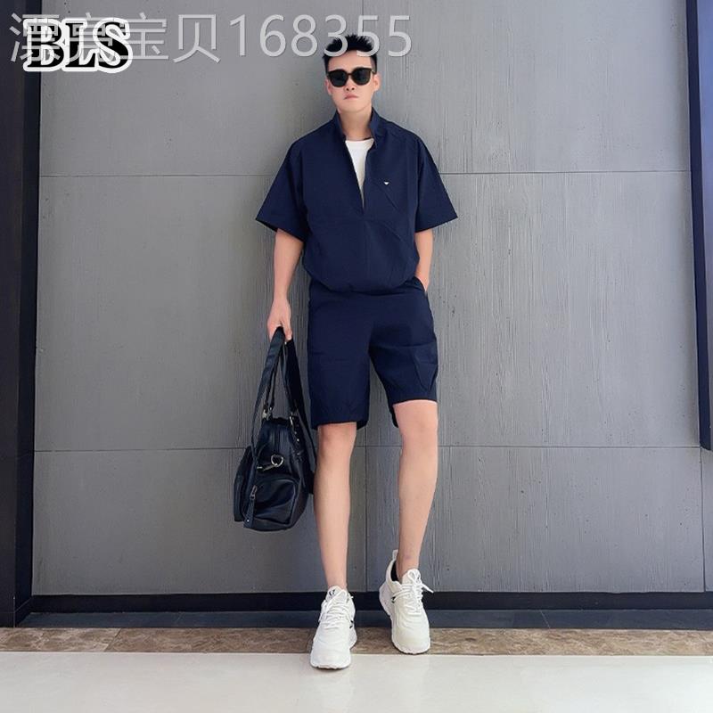 高端立领休闲运动套装男士夏季2026新款百搭假两件短袖短裤两件套