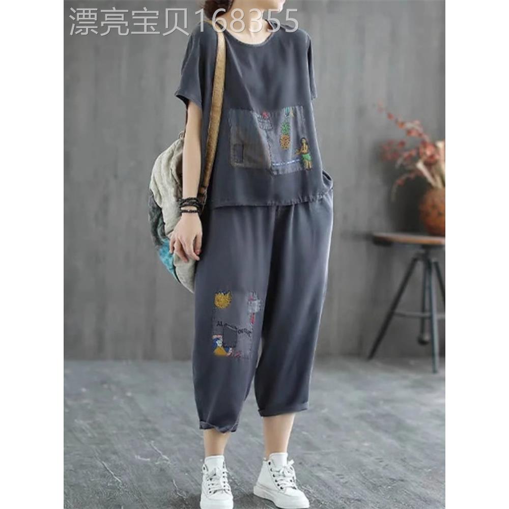 潮牌妈妈运动休闲洋气套装女2025夏季新款大码纯棉T恤减龄两件套