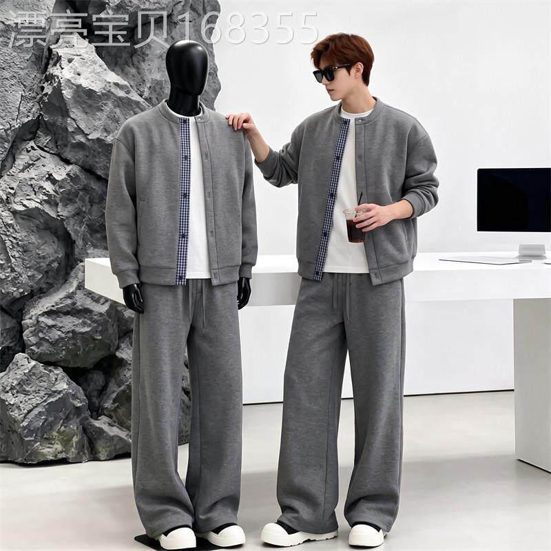 潮牌休闲运动套装男2026秋季新款高级感简约假两件卫衣长裤两件套