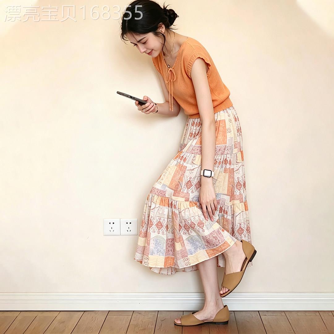 气质橘色上衣半身裙子两件套女2026夏季小个子高级感巨好看一整套