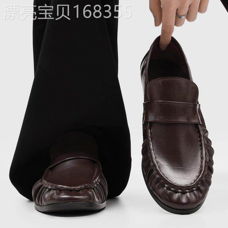 【高品质】复古褶皱乐福鞋男2026新款棕色一脚蹬小皮鞋通勤豆豆鞋