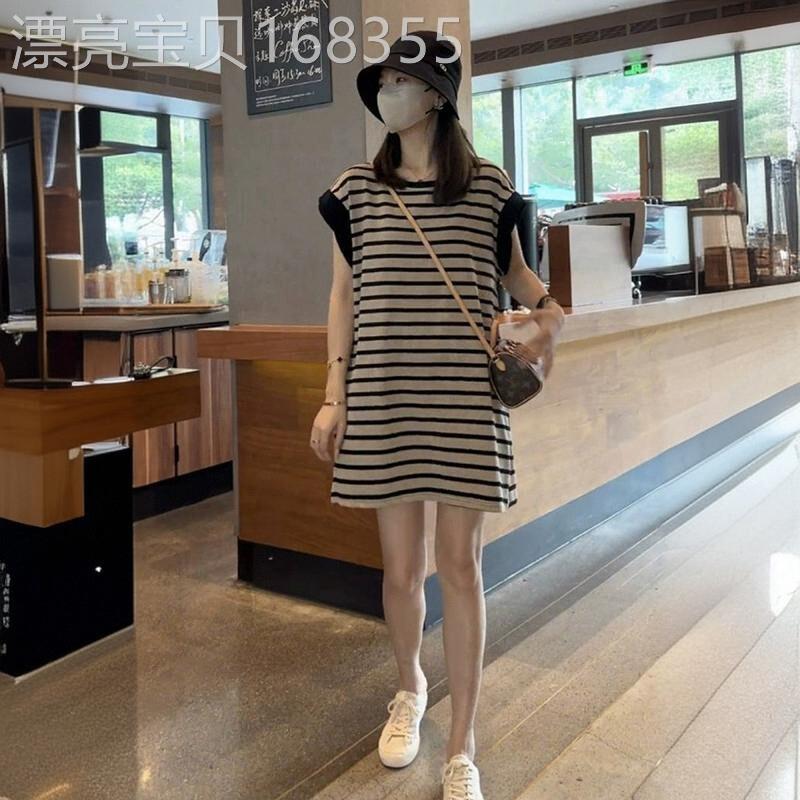 韩版时尚气质短款条纹T恤连衣裙女夏装设计感慵懒风宽松显瘦短裙