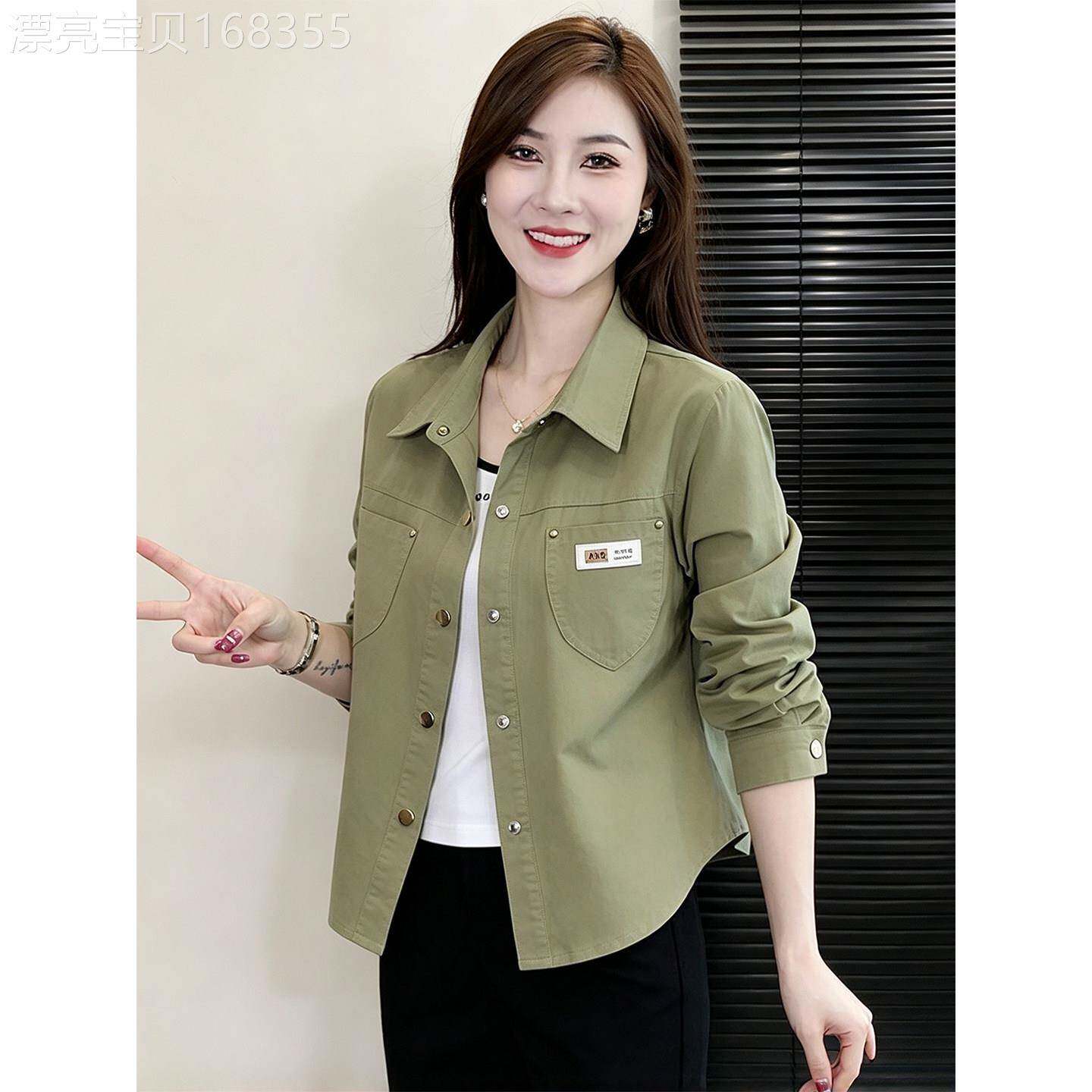 绿色翻领长袖衬衫女春秋欧货宽松显瘦开衫外套高端小资穿搭上衣潮