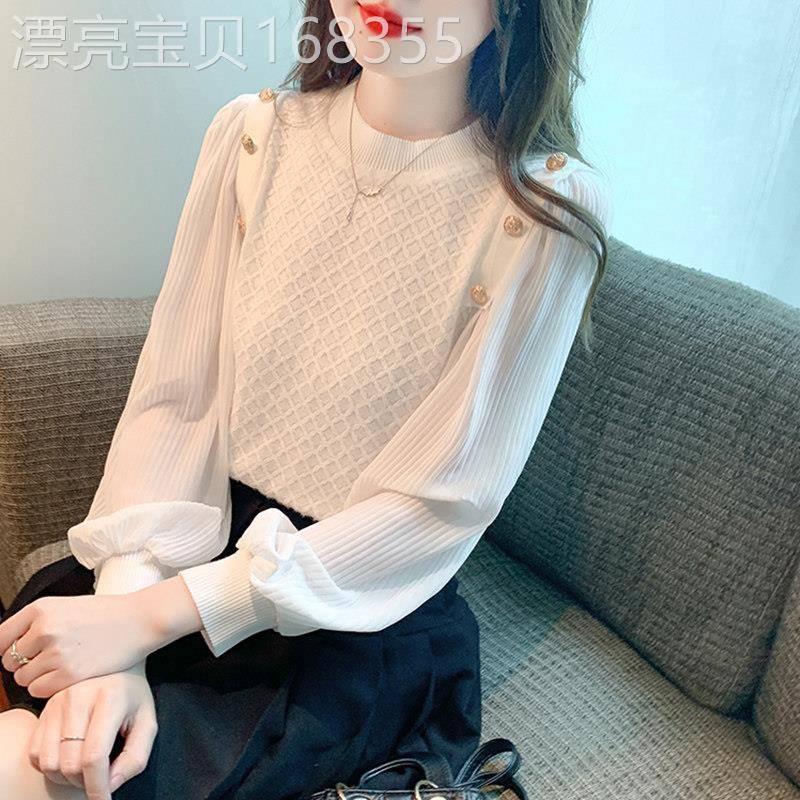 法式雪纺衬衫女长袖春秋2026年新款高级感气质针织拼接打底衫上衣