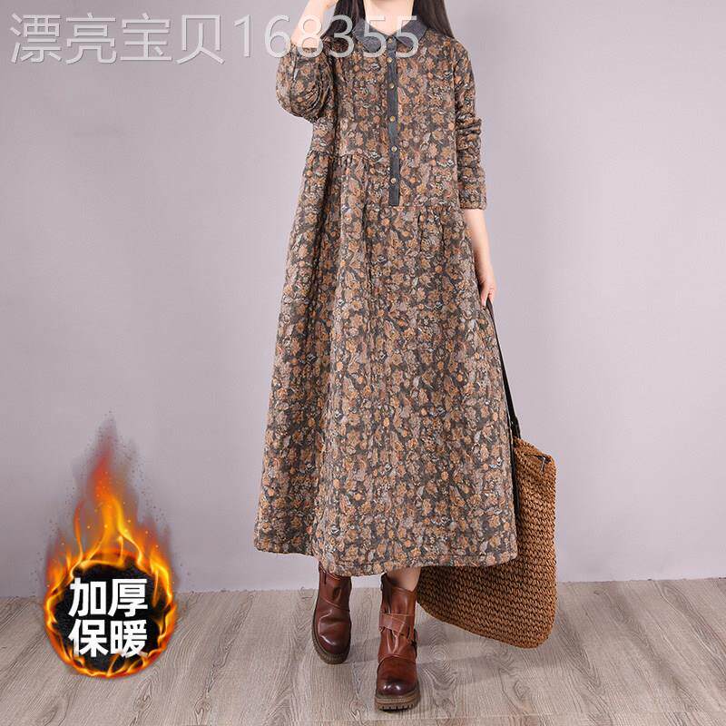 碎花连衣裙女秋冬季夹棉加厚保暖大码中长款打底衬衫棉服长裙