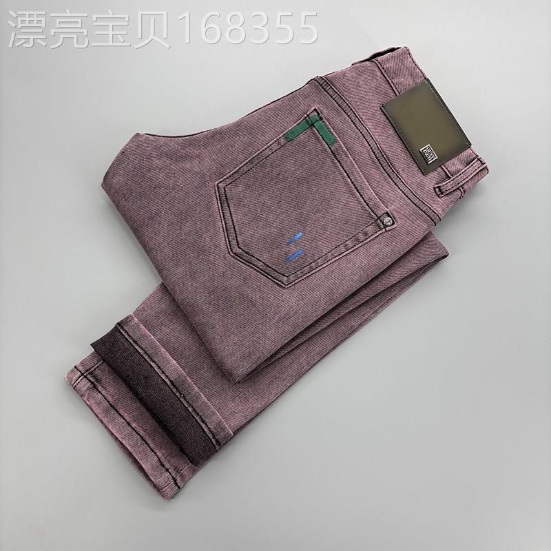 高端手绘紫色牛仔男裤2026新款今年流行爆款修身小脚男士欧货裤子