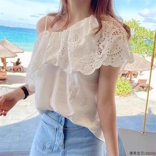 薄款 法式 女夏季 斜领白色蕾丝衫 甜美百搭纯欲露肩荷叶边上衣 衬衫