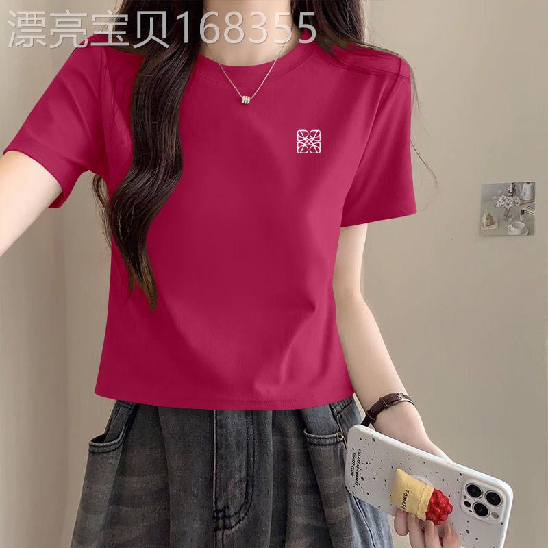 欧货正肩玫红色短款短袖t恤女夏季2026新款纯棉圆领减龄体恤上衣