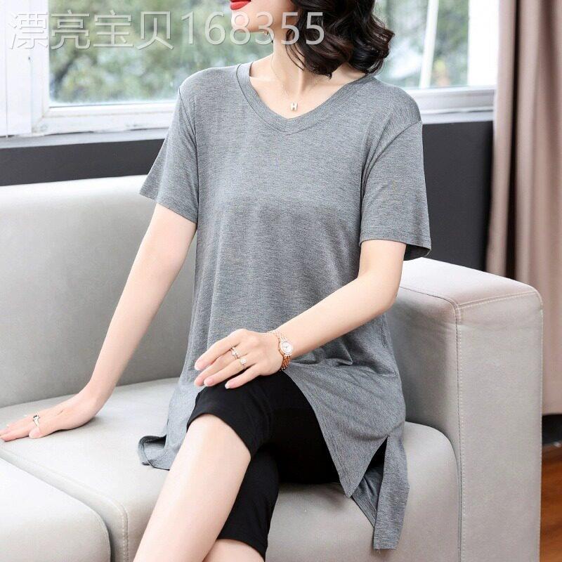 夏季莫代尔V领短袖中长款大码t恤打底衫女宽松显瘦遮肚子显瘦上衣