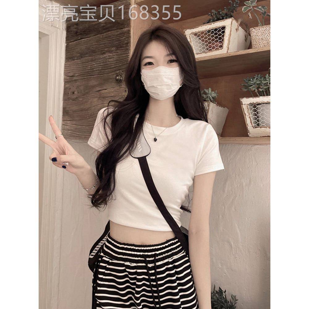 辣妹白色正肩短袖t恤女夏季紧身修身显瘦小个子高腰露脐短款上衣