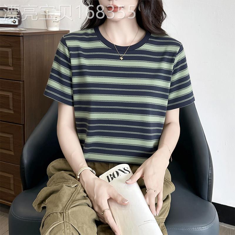 正肩圆领条纹T恤女短袖夏新款宽松显瘦百搭休闲运动遮肚子上衣潮