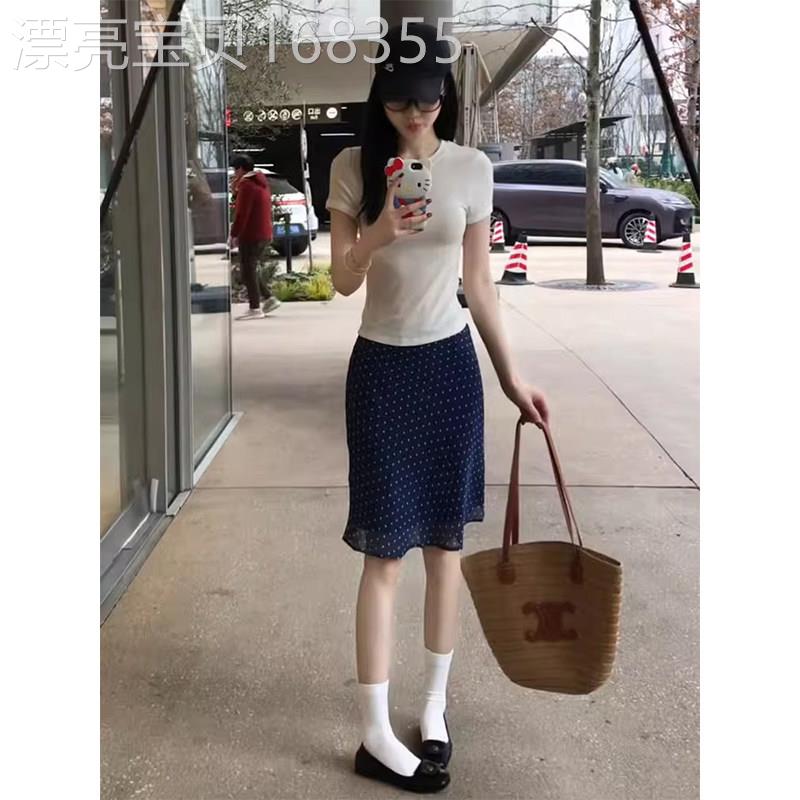 藏青色韩系波点半身裙女夏季欧货百搭款中长款A字裙显瘦修身裙子