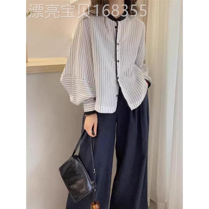韩系撞色条纹圆领长袖衬衫女春秋新款大码胖mm遮肚子休闲衬衣上衣