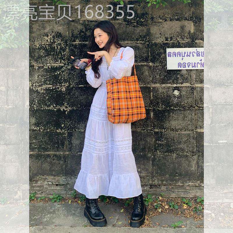 法式小香风白色泡泡袖连衣裙女春2025新款小个子长袖长款小白裙子