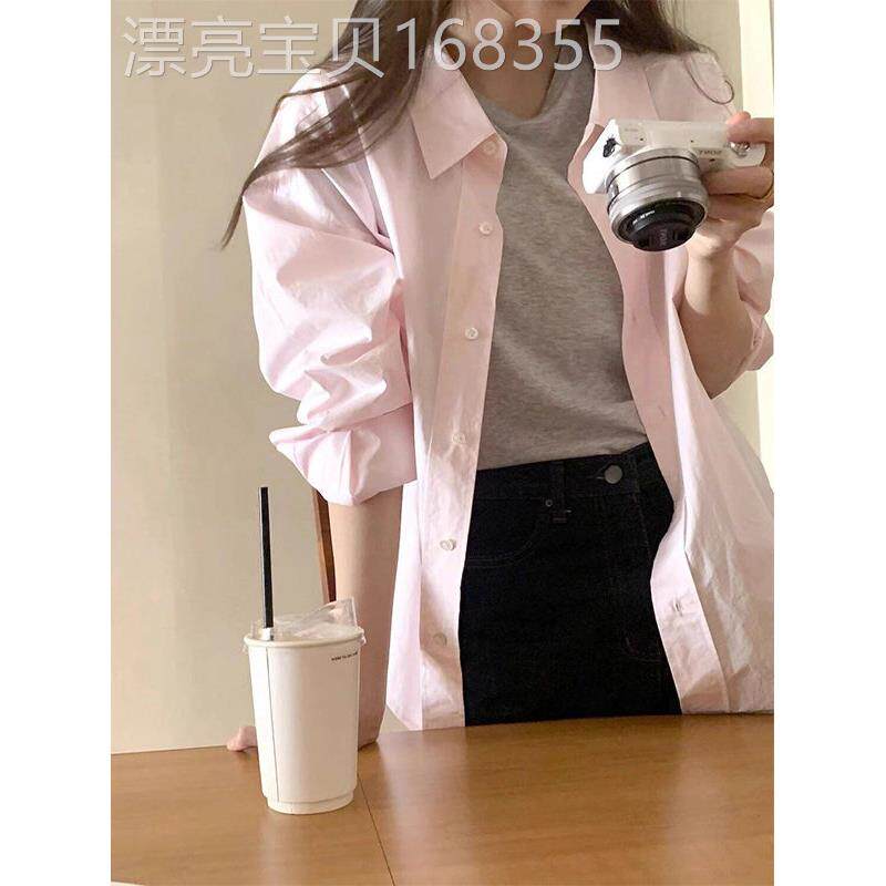 浅粉色polo领长袖衬衫女春秋欧货薄款时尚修身显白翻领衬衣外穿