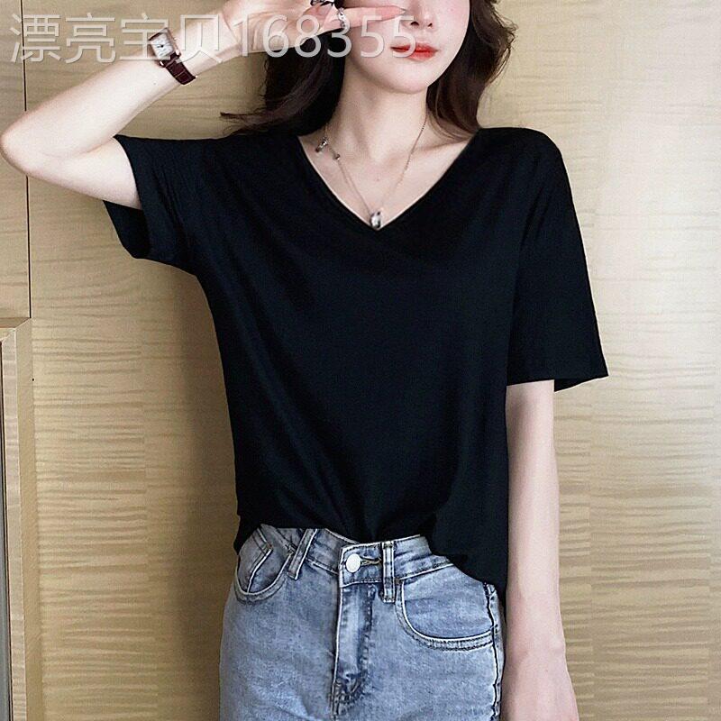 黑色宽松T恤女短袖莫代尔2026新款打底衫设计感V领上衣冰丝半袖夏