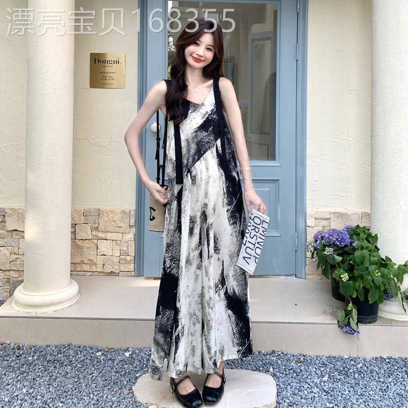 水墨晕染阔腿抱婴袋裤T恤套装女2026夏季新款高级慵懒风休闲连身