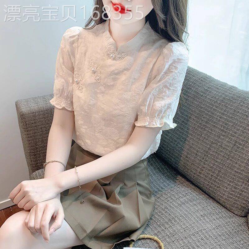 短袖t恤女2026新款夏季薄款立领新中式国风盘扣雪纺小衫气质上衣