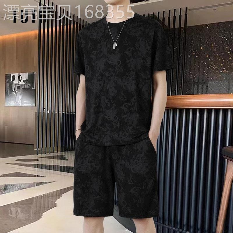冰丝休闲套装男士夏季高级感时尚国潮龙纹印花运动短袖短裤两件套