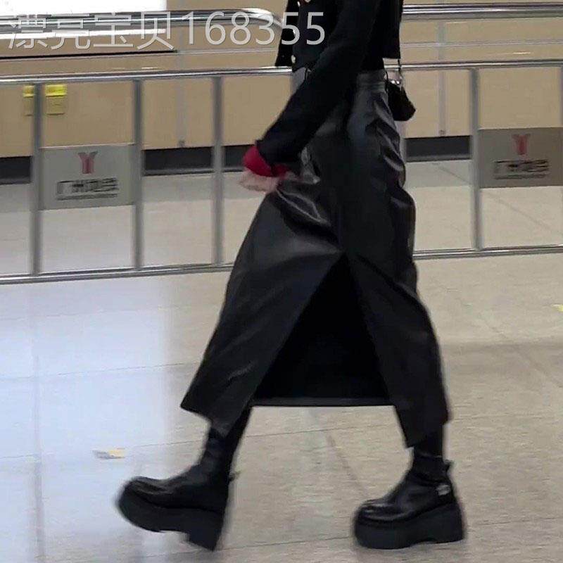加厚黑色pu皮裙女冬季2025年新款时尚高腰显瘦开叉设计a字半身裙