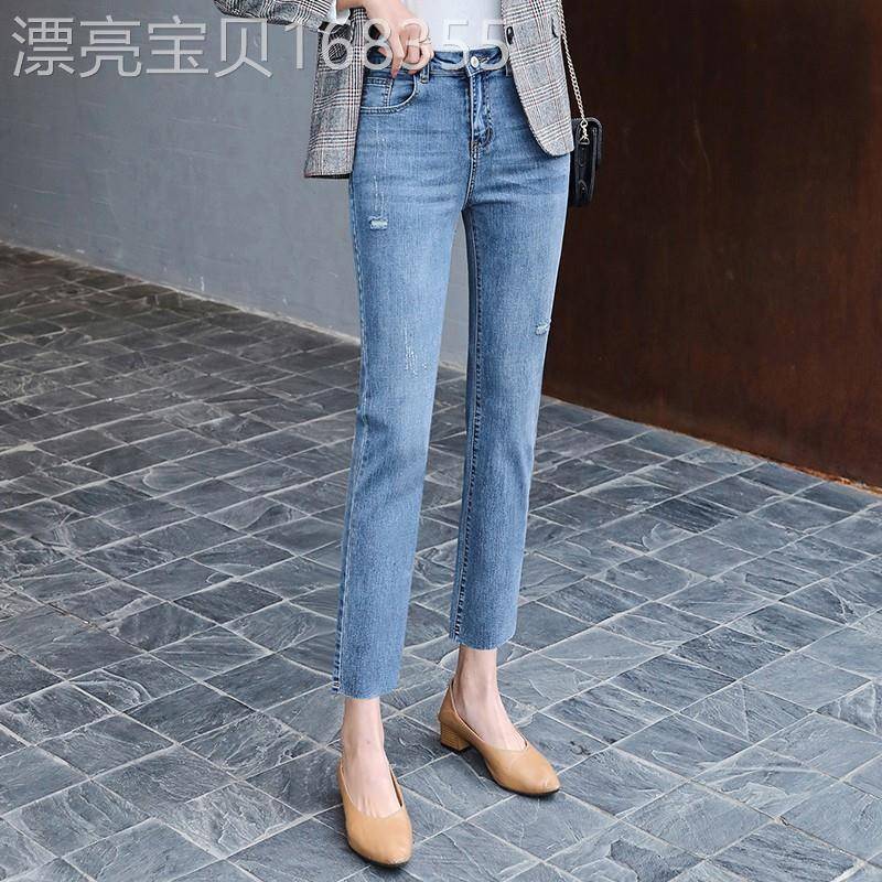 浅蓝色直筒牛仔裤女2025新款秋季小个子高腰显瘦破洞九分烟管裤子