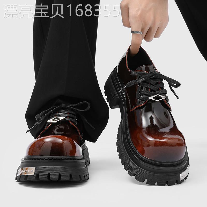【高品质】棕色德比鞋男漆皮亮面圆头厚底增高大头鞋通勤休闲皮鞋