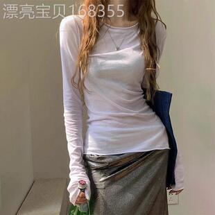 2025春夏新款白色长袖T恤女性感微透防晒罩衫小心机纯欲薄款上衣