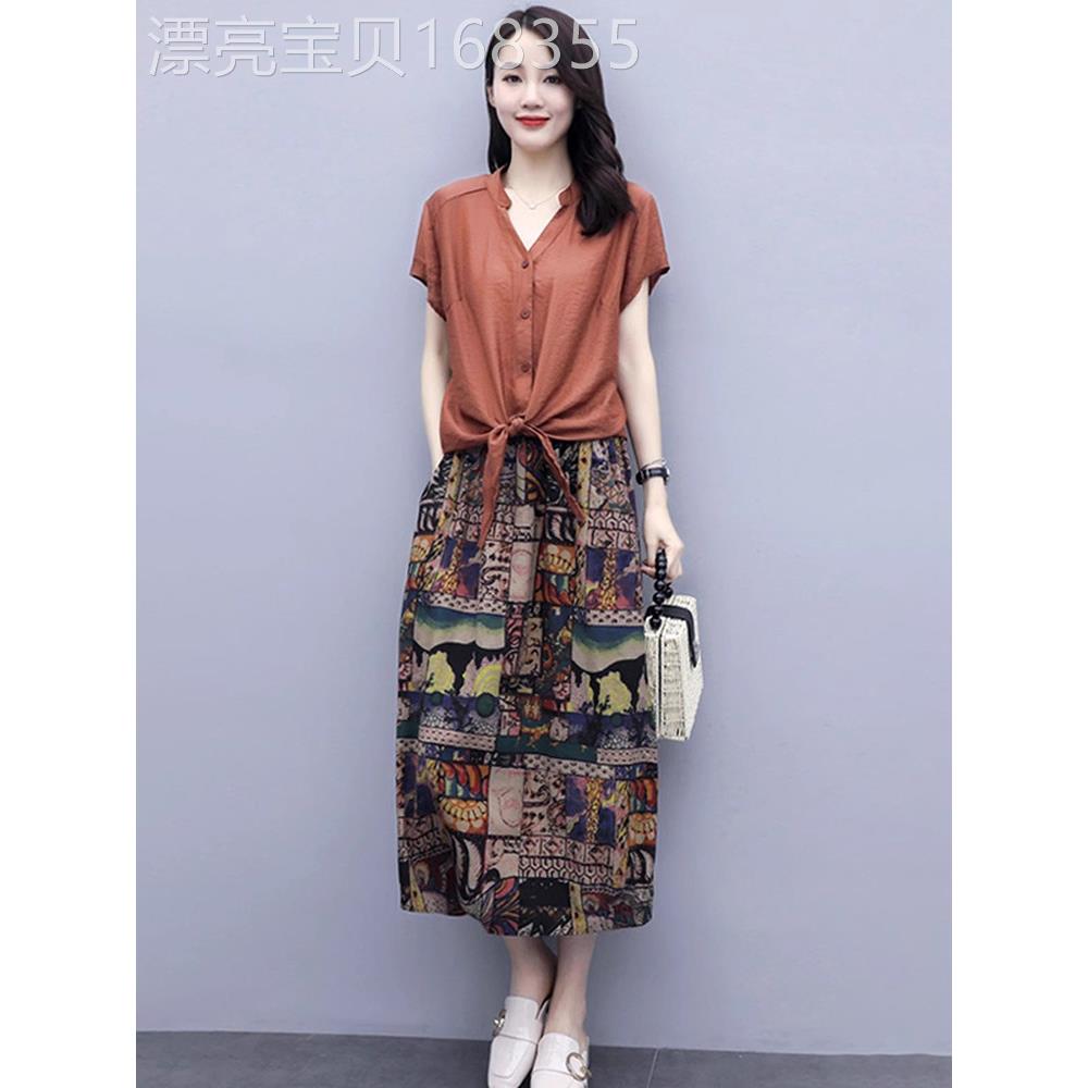 潮牌碎花棉麻连衣裙套装女2026夏季新款遮肚子显瘦洋气减龄两件套