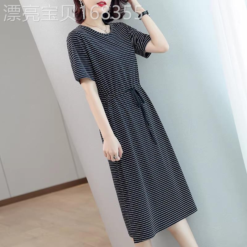 纯棉条纹简约遮肚连衣裙长款t恤女2026夏季显瘦收腰休闲过膝裙子
